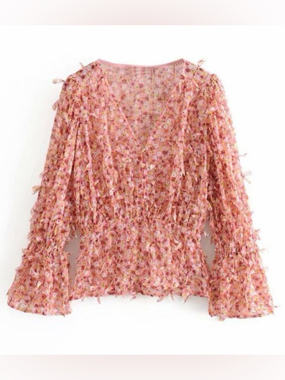 Zara Pink Floral Textured V-Neck Blouse